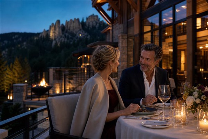 Pareja disfrutando de una cita de lujo en un exclusivo hotel de South Dakota