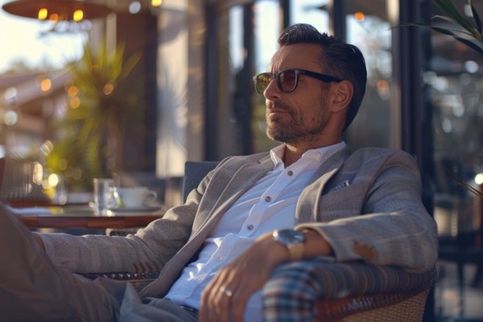 Hombre exitoso en un lounge elegante de Nashville, listo para una cita con clase