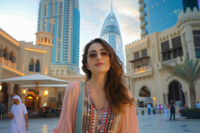 portrait of a business woman sitting in the luxury city of dubai