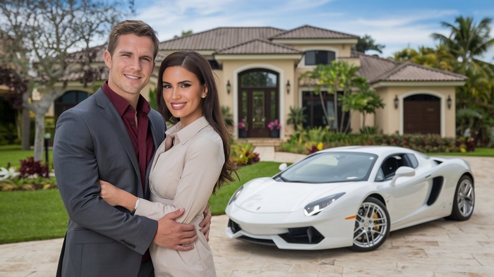 couple posing front luxury car