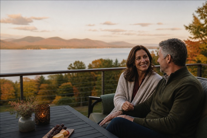 Pareja disfrutando de una cita de lujo junto al lago en Vermont