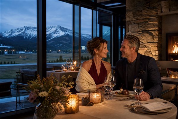 Pareja disfrutando de una cita de lujo con vistas a las montañas de Montana