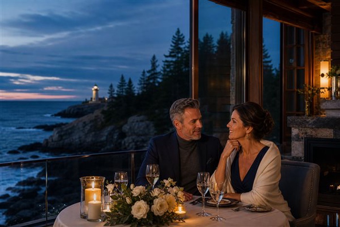 Pareja disfrutando de una cita de lujo frente a la costa de Maine