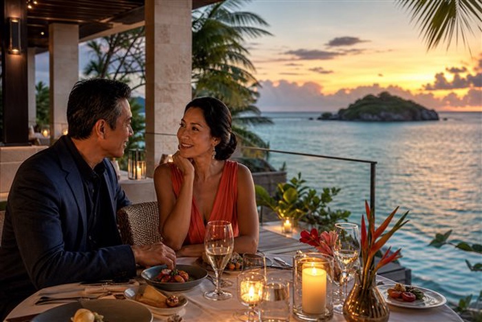 Pareja disfrutando de una cita de lujo frente al mar en las Islas Marianas del Norte