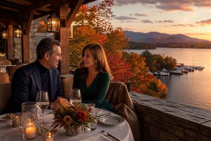 Pareja disfrutando de una cita de lujo junto a un lago en New Hampshire