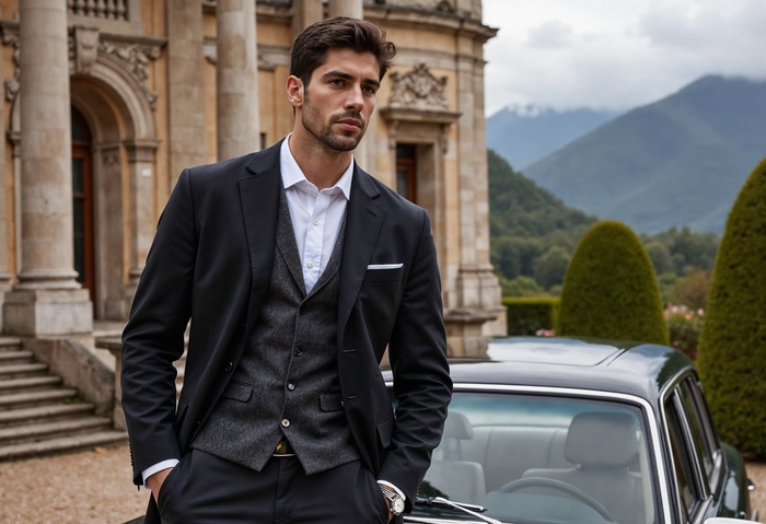 rich man owning his own business, standing by his luxury car
