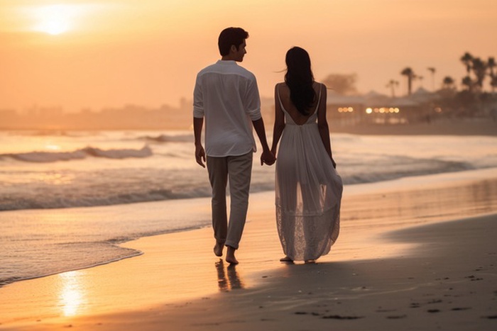 Elegant couple walking at Wrightsville Beach boardwalk with soft ocean light.