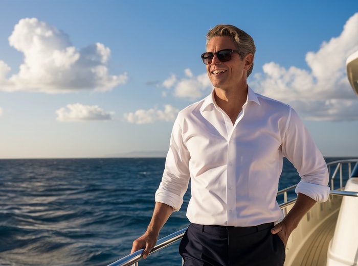 Man in white shirt and black pants standing on boat with blue sky and white clouds in the background
