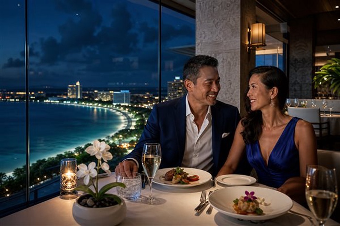 Pareja disfrutando de una cita de lujo con vistas a Tumon Bay en Guam