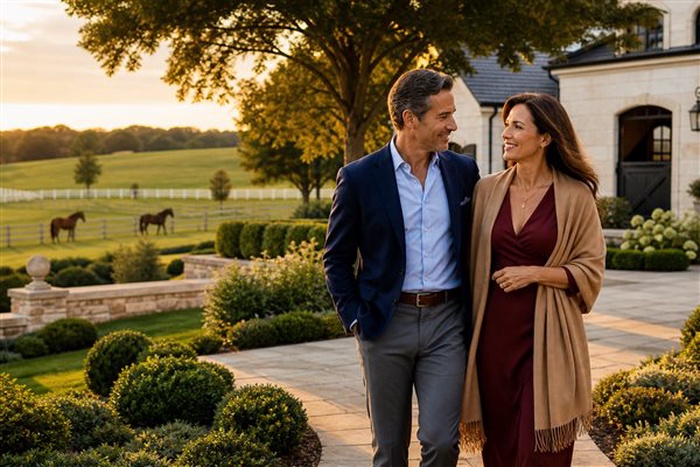 Pareja disfrutando de una cita de lujo en una elegante finca ecuestre de Kentucky