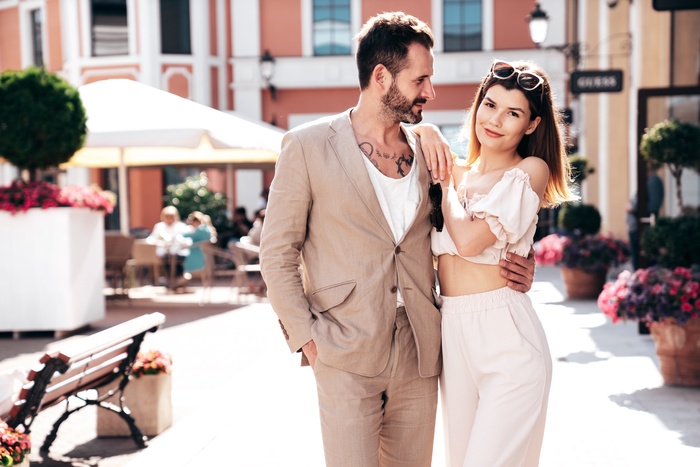 beautiful fashion woman her handsome elegant boyfriend jacket outdoors sunny day