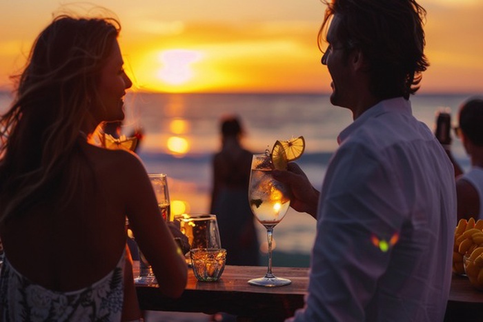 Sunset waterfront dining in San Rafael with wine glasses