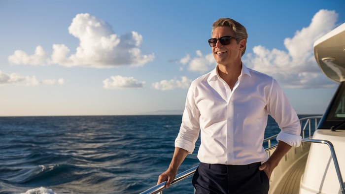 ein Mann in einem wei&szlig;en Hemd und einer dunklen Hose steht auf einem Boot mit blauem Himmel und Wolken im Hintergrund