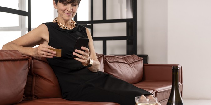 rich woman sitting on couch