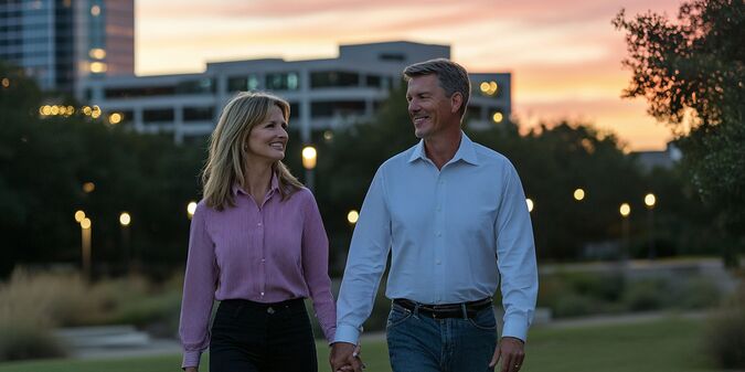 couple walking hand in hand at dusk