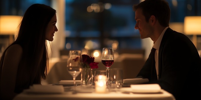romantic couple enjoying dinner