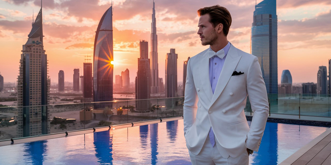 a-man-in-a-white-suit-stands-next-to-a-car-with-a-city-in-the-background