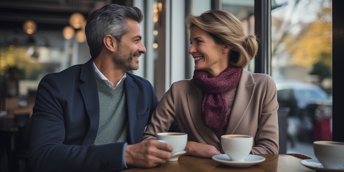 elegant couple talking cafe