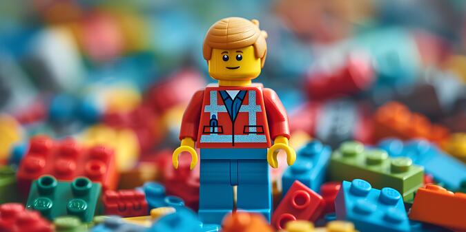 A lego man standing in a pile of legos