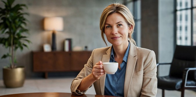 professional woman drink coffee